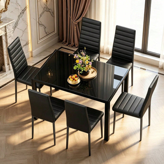 Bealife 4- Chair And 6- Chair Dining Set Available, Glass Dining Table, High Back PU Leather Chairs For Living Room, Dining Room