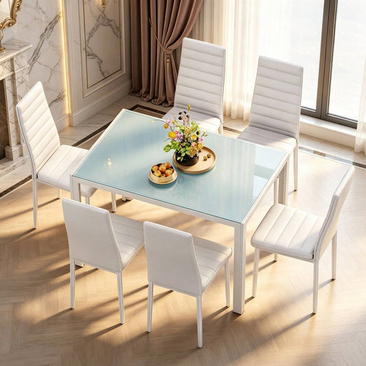 Bealife 4- Chair And 6- Chair Dining Set Available, Glass Dining Table, High Back PU Leather Chairs For Living Room, Dining Room
