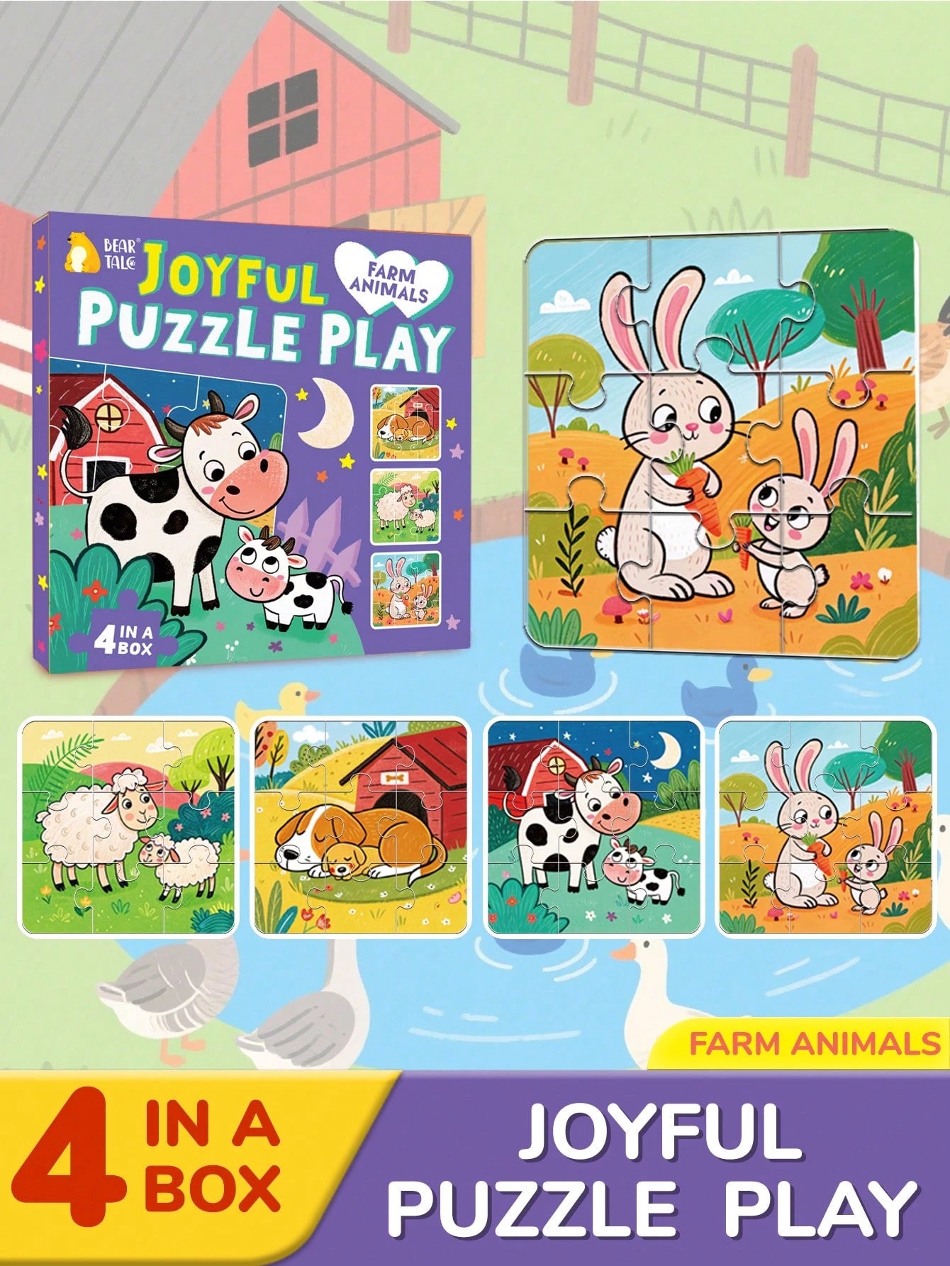 beartale 36pcs DIY Puzzle Set, Cartoon Farm Animal Jigsaw Puzzle Game, Children's Educational Toy, Travel Toy, Learning Supplies, Vibrant Preschool Toy, Develop Coordination And Motor Skills, Montesso