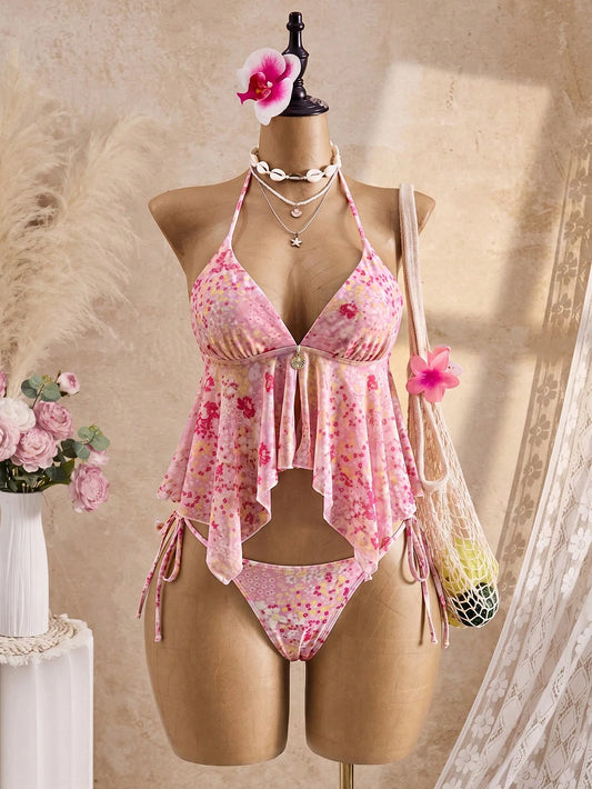 Bellisia 26SS Spring/Summer Pink Floral Spaghetti Strap Mesh Flowy Tank Top & Bikini Bottom 2 Pieces Set
