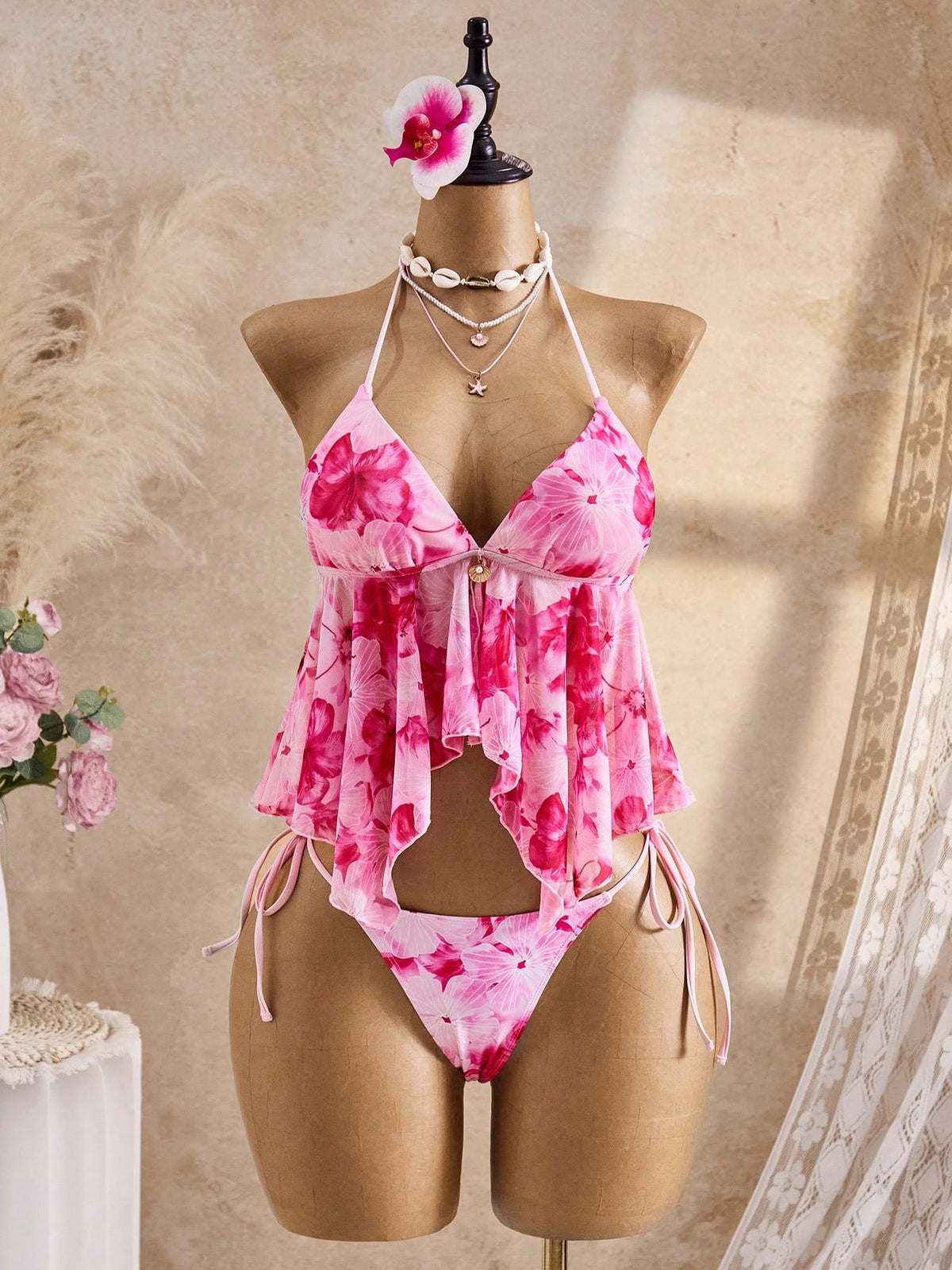 Bellisia 26SS Spring/Summer Pink Floral Spaghetti Strap Mesh Flowy Tank Top & Bikini Bottom 2 Pieces Set