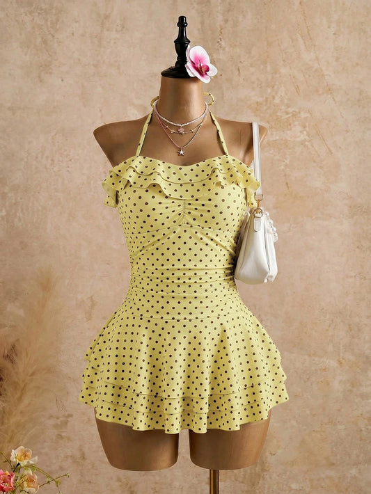 Bellisia Pink Wavy Sweet Cute Vintage Elegant Swim Dress Casual Vacation Beach Seaside Women's Swimwear