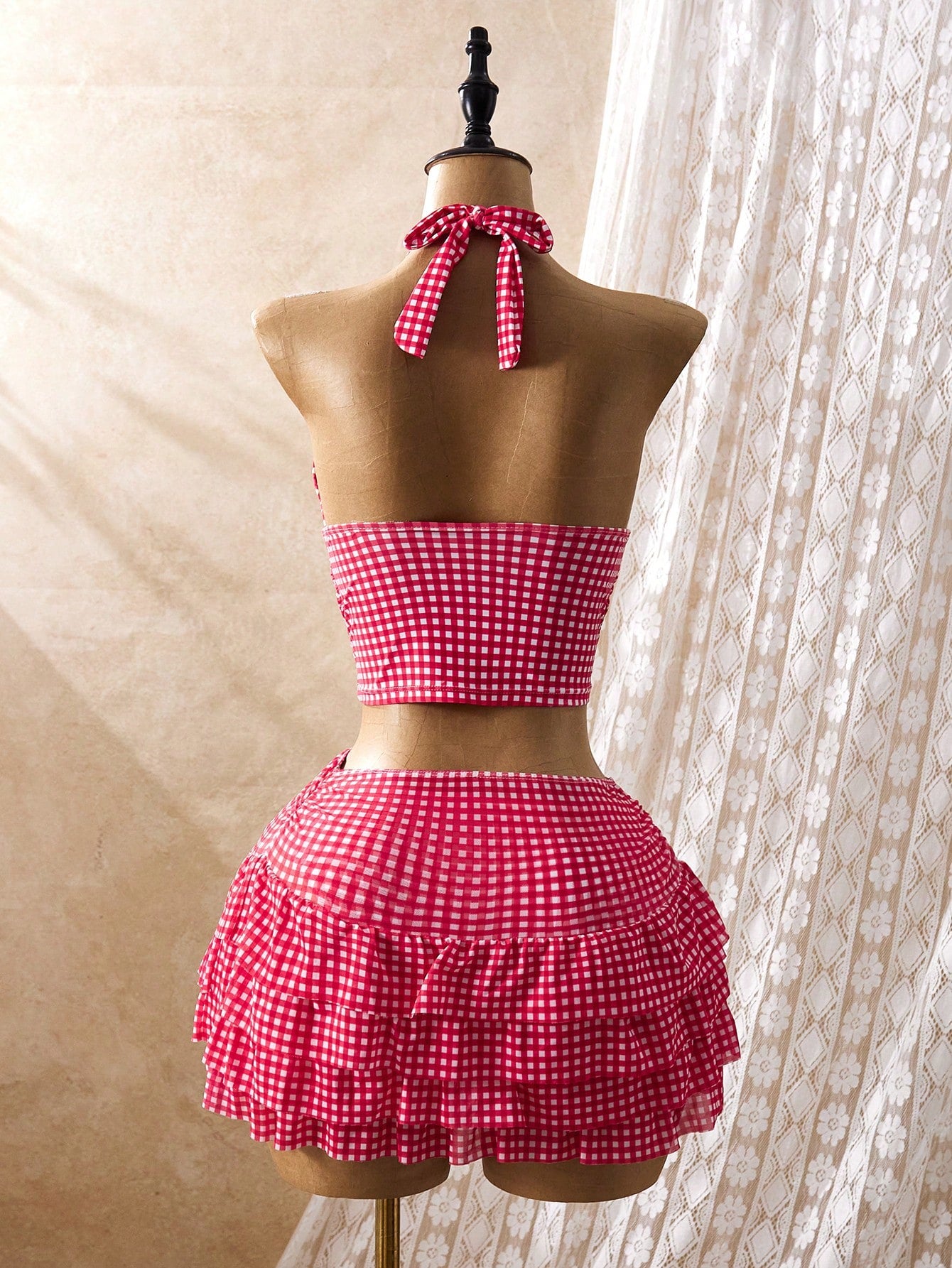 Bellisia Women Red And White Striped Plaid Gingham Tankini Swimwear Set,Summer Tropical Beach Party Holiday Vacation Holiday Spaghetti Strap Mini Skirt Dress