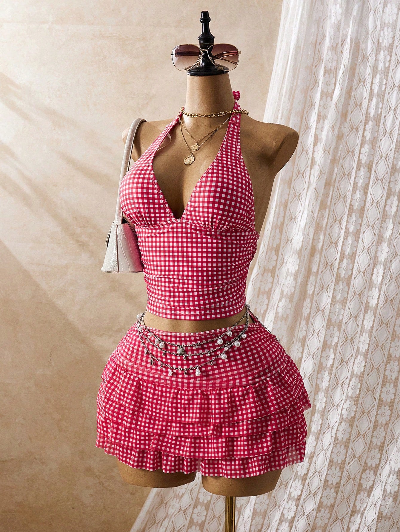 Bellisia Women Red And White Striped Plaid Gingham Tankini Swimwear Set,Summer Tropical Beach Party Holiday Vacation Holiday Spaghetti Strap Mini Skirt Dress
