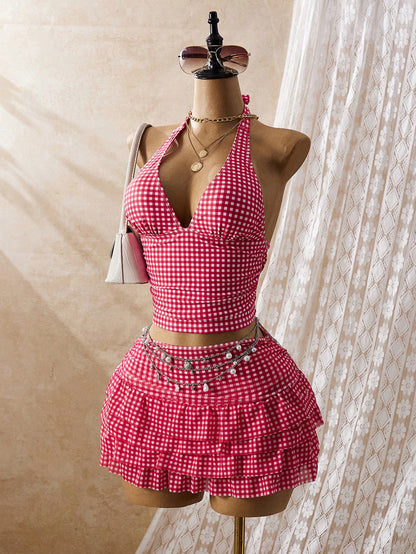 Bellisia Women Red And White Striped Plaid Gingham Tankini Swimwear Set,Summer Tropical Beach Party Holiday Vacation Holiday Spaghetti Strap Mini Skirt Dress
