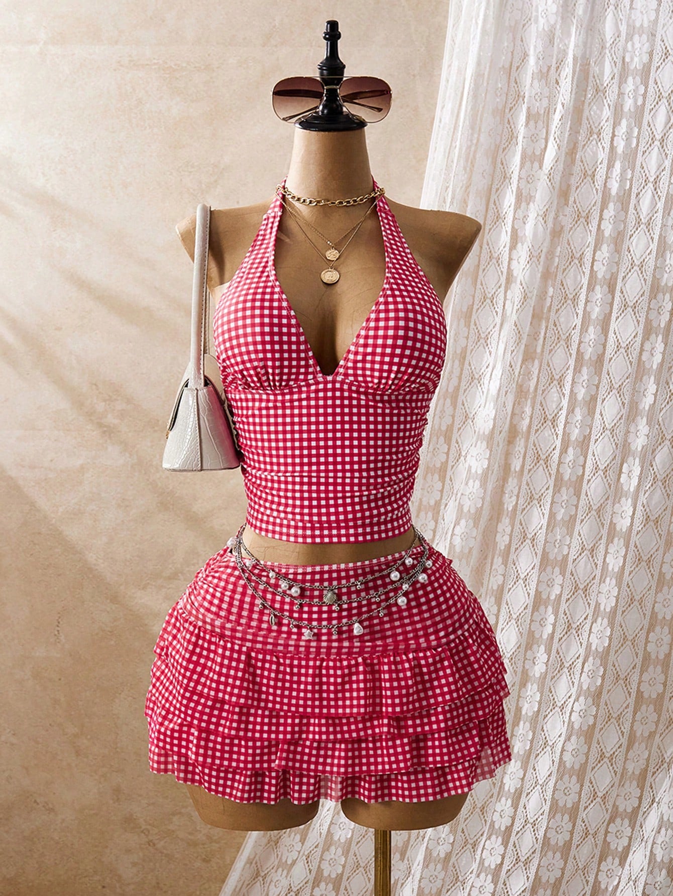 Bellisia Women Red And White Striped Plaid Gingham Tankini Swimwear Set,Summer Tropical Beach Party Holiday Vacation Holiday Spaghetti Strap Mini Skirt Dress