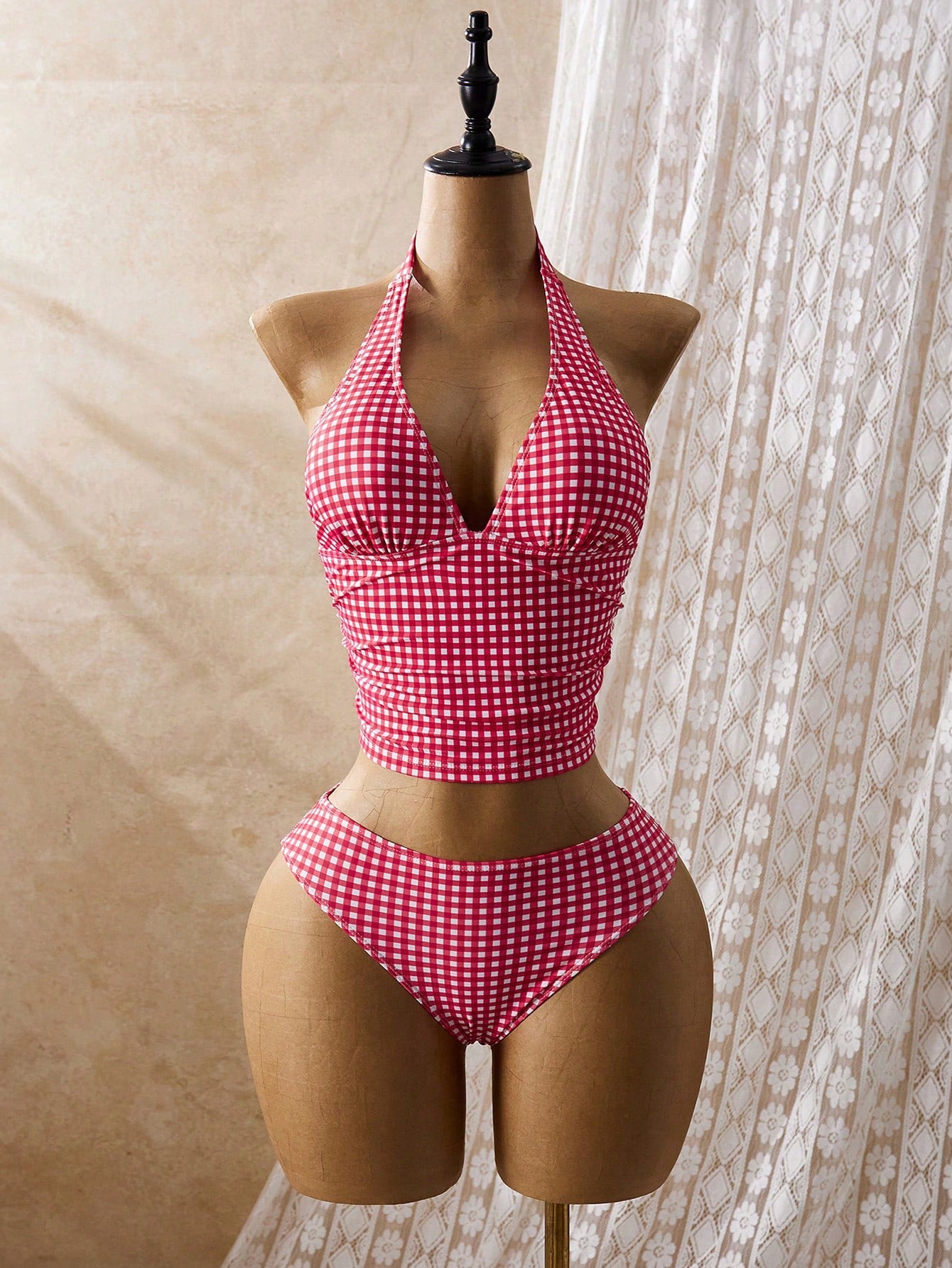 Bellisia Women Red And White Striped Plaid Gingham Tankini Swimwear Set,Summer Tropical Beach Party Holiday Vacation Holiday Spaghetti Strap Mini Skirt Dress