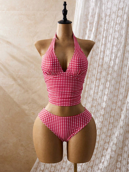 Bellisia Women Red And White Striped Plaid Gingham Tankini Swimwear Set,Summer Tropical Beach Party Holiday Vacation Holiday Spaghetti Strap Mini Skirt Dress