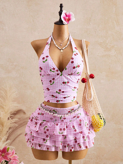Bellisia Women Red And White Striped Plaid Gingham Tankini Swimwear Set,Summer Tropical Beach Party Holiday Vacation Holiday Spaghetti Strap Mini Skirt Dress