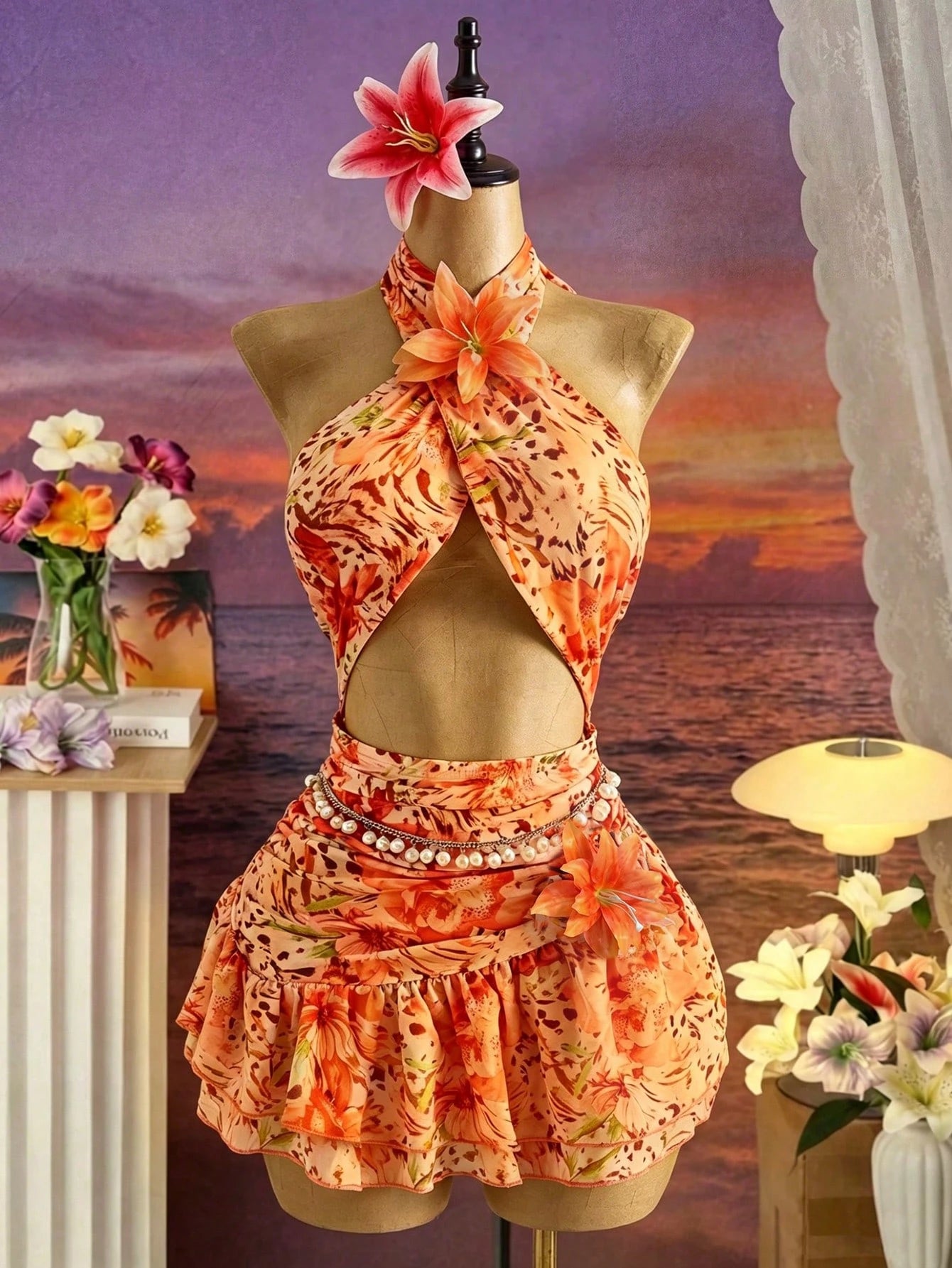 Bellisia Women's Fashionable Elegant Sexy Sleeveless Printed Halter Mini Dress