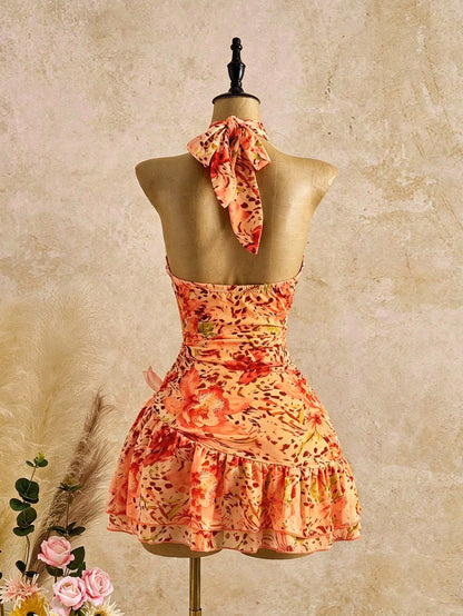 Bellisia Women's Fashionable Elegant Sexy Sleeveless Printed Halter Mini Dress