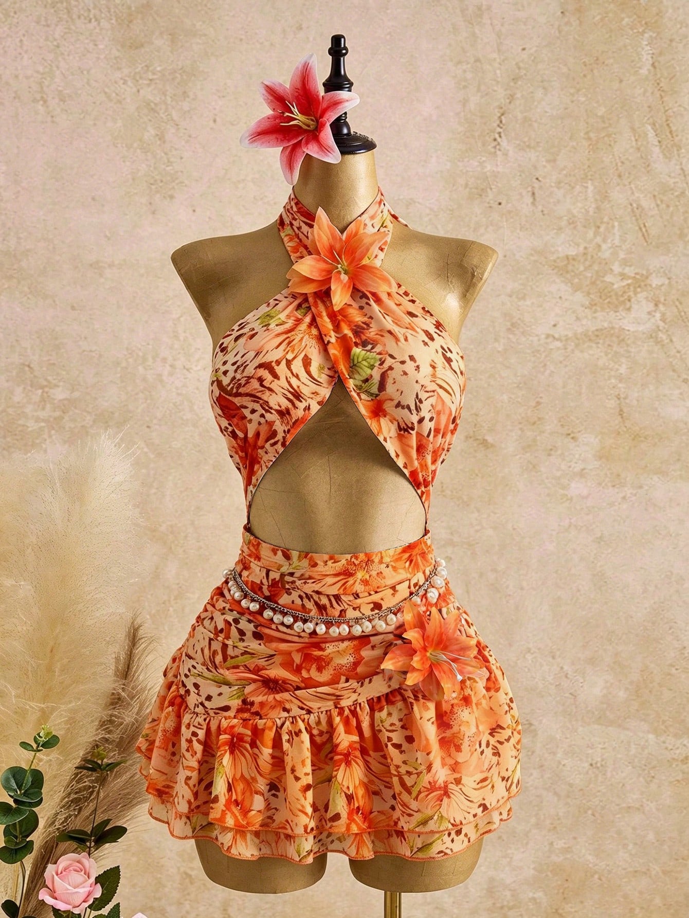 Bellisia Women's Fashionable Elegant Sexy Sleeveless Printed Halter Mini Dress