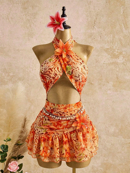 Bellisia Women's Fashionable Elegant Sexy Sleeveless Printed Halter Mini Dress