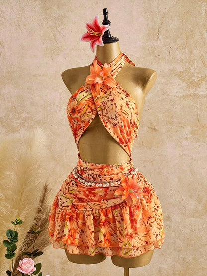 Bellisia Women's Fashionable Elegant Sexy Sleeveless Printed Halter Mini Dress