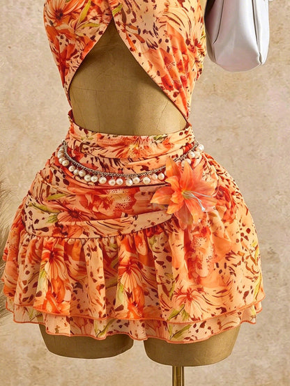 Bellisia Women's Fashionable Elegant Sexy Sleeveless Printed Halter Mini Dress