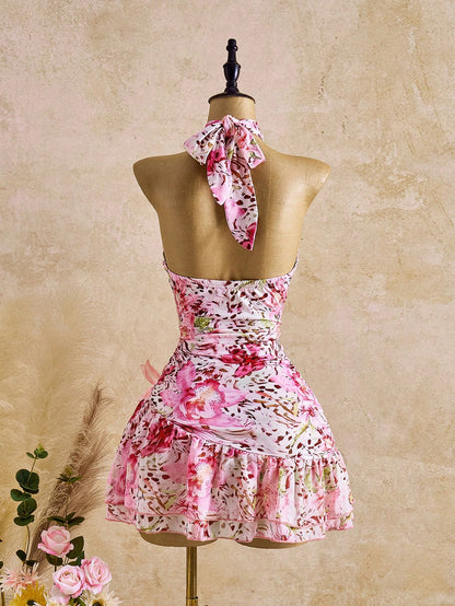 Bellisia Women's Fashionable Elegant Sexy Sleeveless Printed Halter Mini Dress
