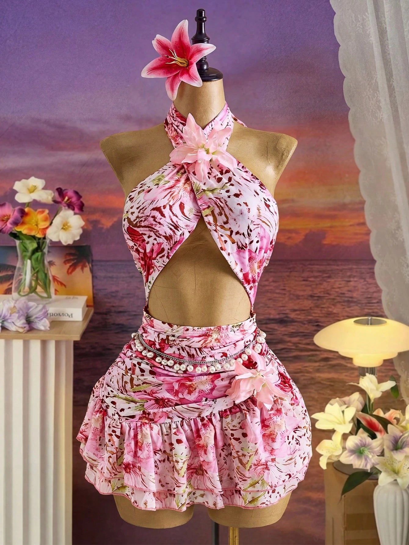 Bellisia Women's Fashionable Elegant Sexy Sleeveless Printed Halter Mini Dress