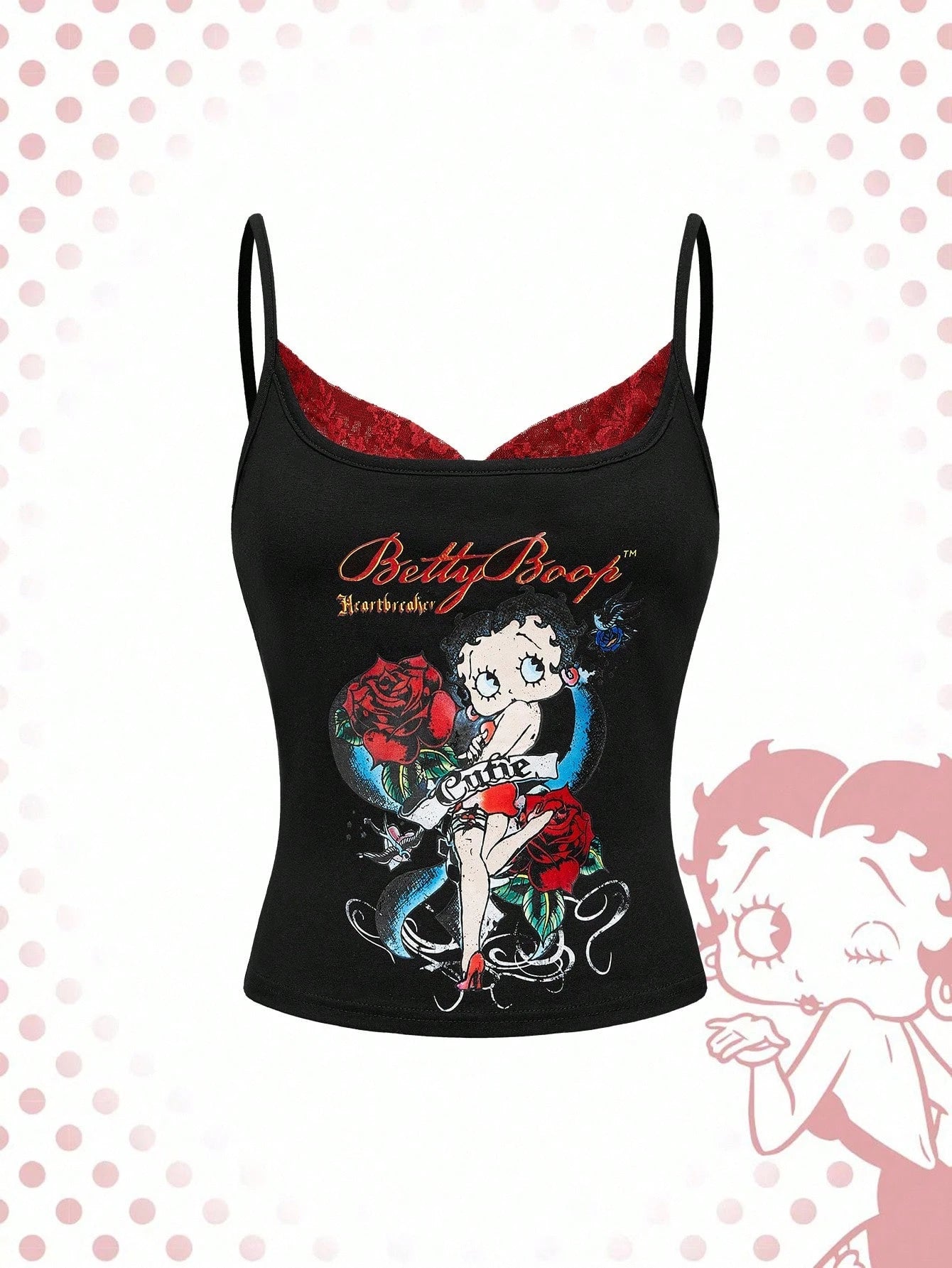 Betty Boop| ROMWE Plus Size Women Y2K Rose & Portrait Graphic Lace Camisole Top