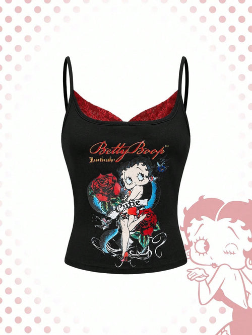 Betty Boop| ROMWE Plus Size Women Y2K Rose & Portrait Graphic Lace Camisole Top