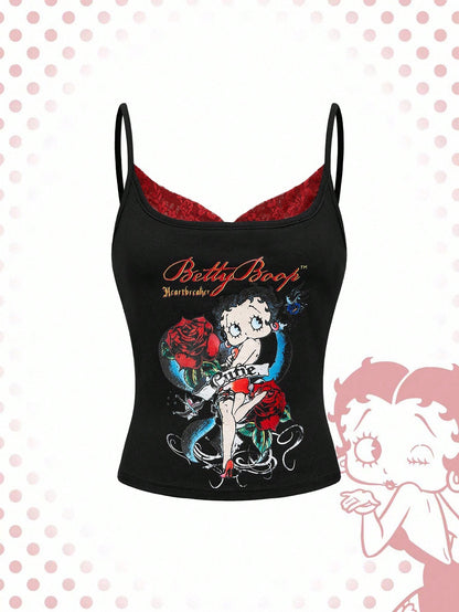 Betty Boop| ROMWE Plus Size Women Y2K Rose & Portrait Graphic Lace Camisole Top