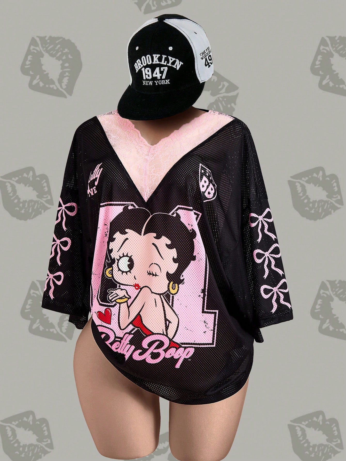 Betty Boop x Plus Size Sheer Knitted Fabric T-Shirt With Deep V Neck Letter Print And Half Batwing Sleeves Long Casual Black