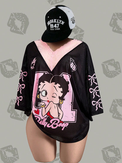Betty Boop x Plus Size Sheer Knitted Fabric T-Shirt With Deep V Neck Letter Print And Half Batwing Sleeves Long Casual Black