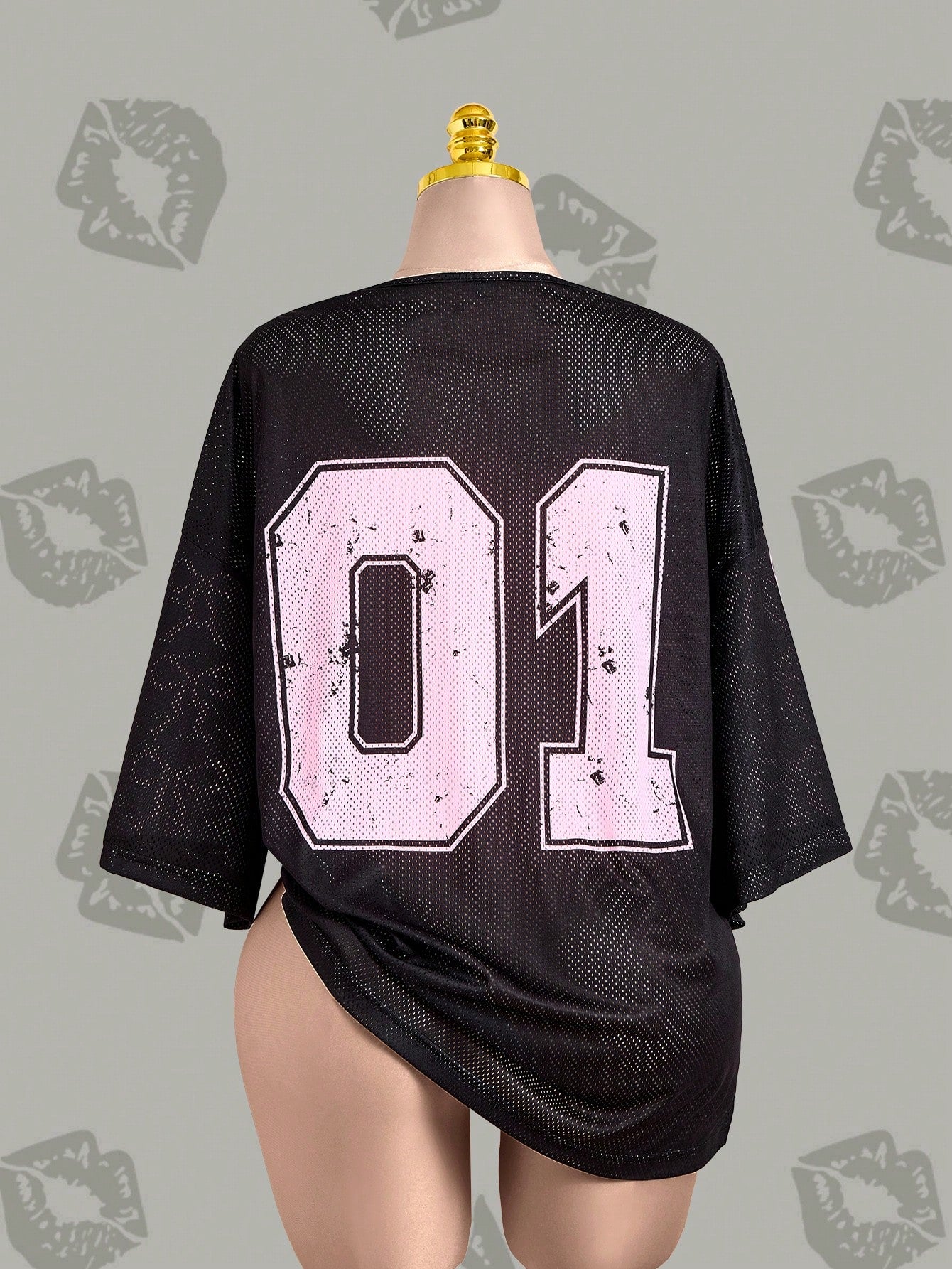 Betty Boop x Plus Size Sheer Knitted Fabric T-Shirt With Deep V Neck Letter Print And Half Batwing Sleeves Long Casual Black