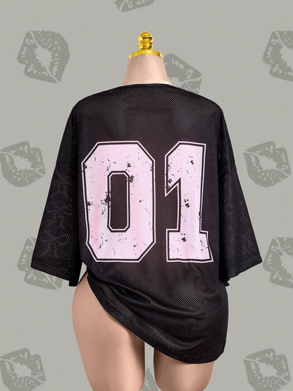 Betty Boop x Plus Size Sheer Knitted Fabric T-Shirt With Deep V Neck Letter Print And Half Batwing Sleeves Long Casual Black