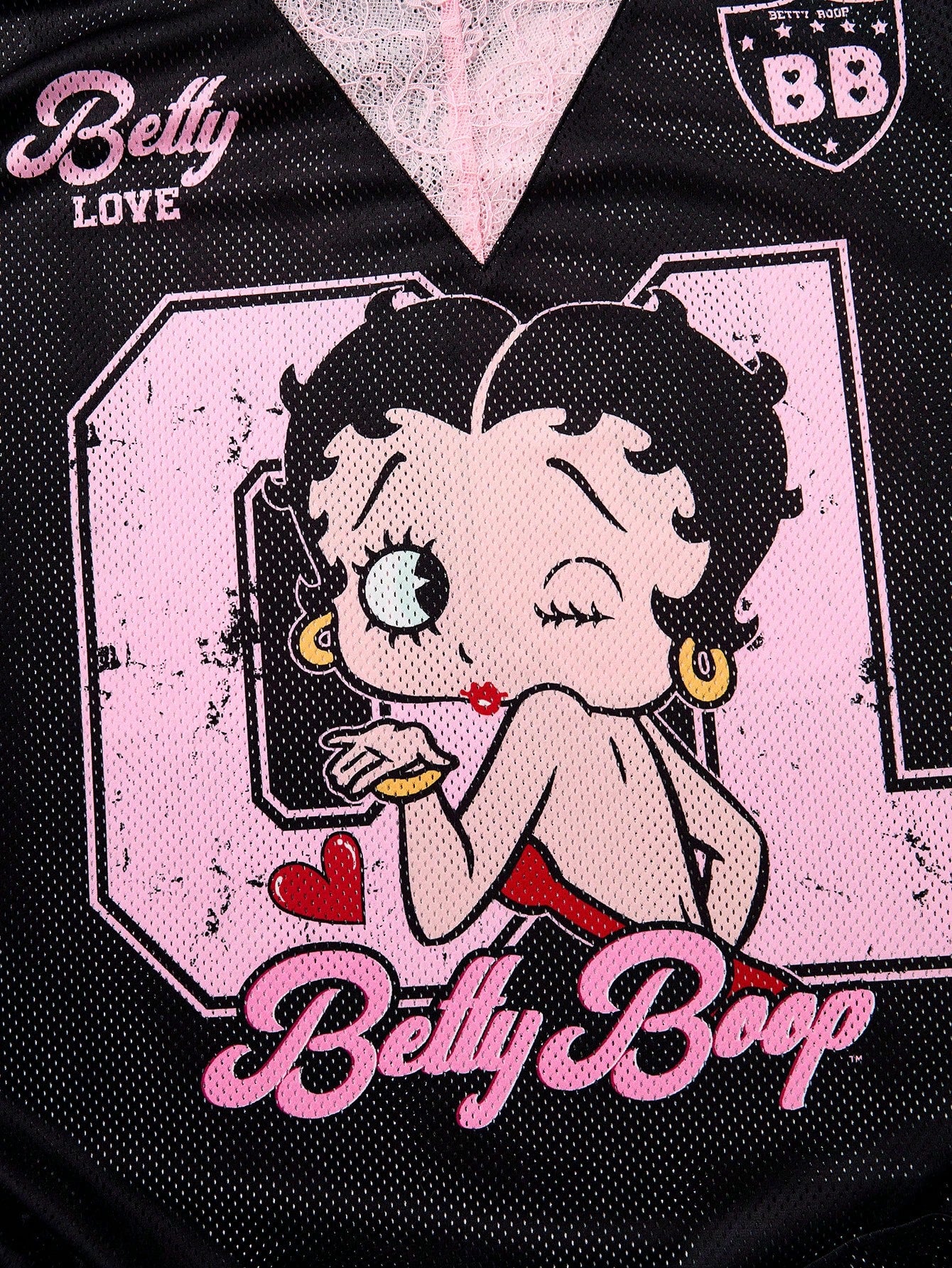 Betty Boop x Plus Size Sheer Knitted Fabric T-Shirt With Deep V Neck Letter Print And Half Batwing Sleeves Long Casual Black