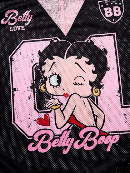 Betty Boop x Plus Size Sheer Knitted Fabric T-Shirt With Deep V Neck Letter Print And Half Batwing Sleeves Long Casual Black