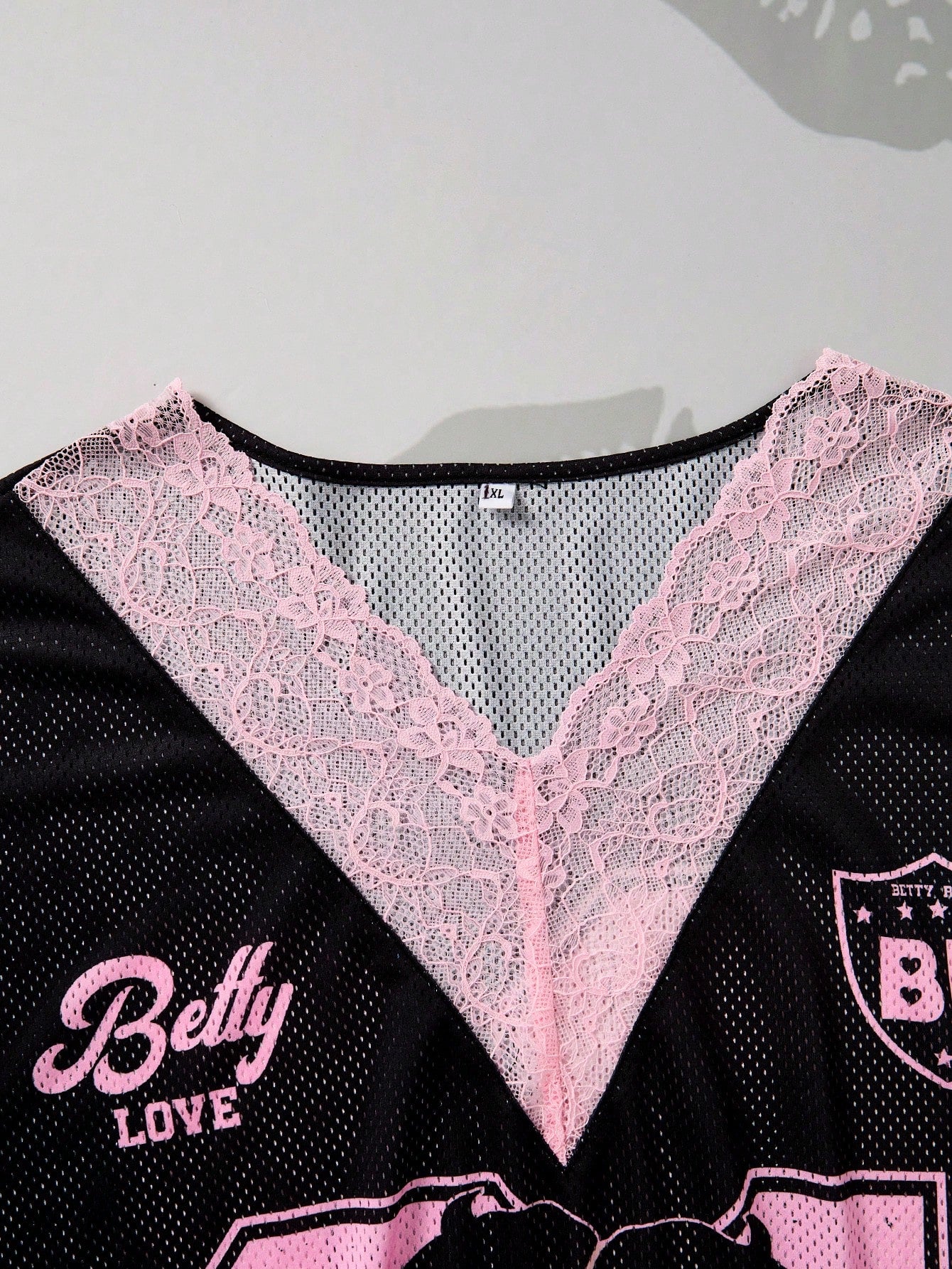 Betty Boop x Plus Size Sheer Knitted Fabric T-Shirt With Deep V Neck Letter Print And Half Batwing Sleeves Long Casual Black