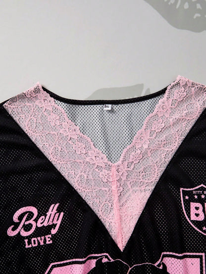 Betty Boop x Plus Size Sheer Knitted Fabric T-Shirt With Deep V Neck Letter Print And Half Batwing Sleeves Long Casual Black