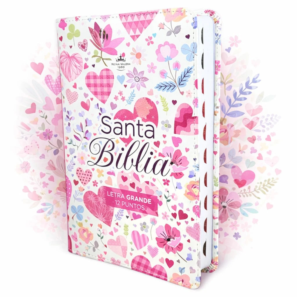 Biblia Para Mujer Letra Grande 12 Puntos RV1960, Imit Piel Flores Y Corazones Con Indice