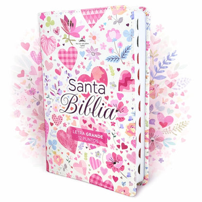 Biblia Para Mujer Letra Grande 12 Puntos RV1960, Imit Piel Flores Y Corazones Con Indice