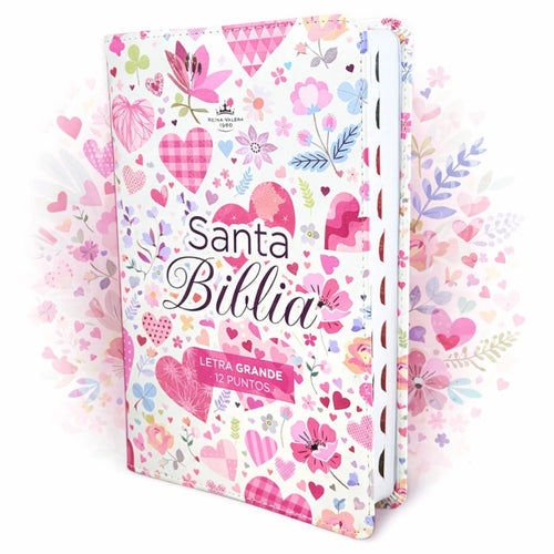 Biblia Para Mujer Letra Grande 12 Puntos RV1960, Imit Piel Flores Y Corazones Con Indice