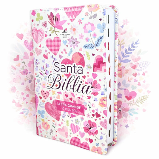 Biblia Para Mujer Letra Grande 12 Puntos RV1960, Imit Piel Flores Y Corazones Con Indice