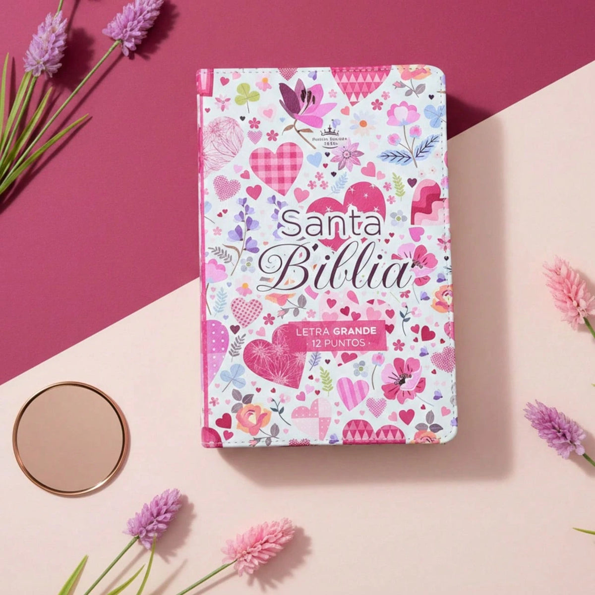 Biblia Para Mujer Letra Grande 12 Puntos RV1960, Imit Piel Flores Y Corazones Con Indice