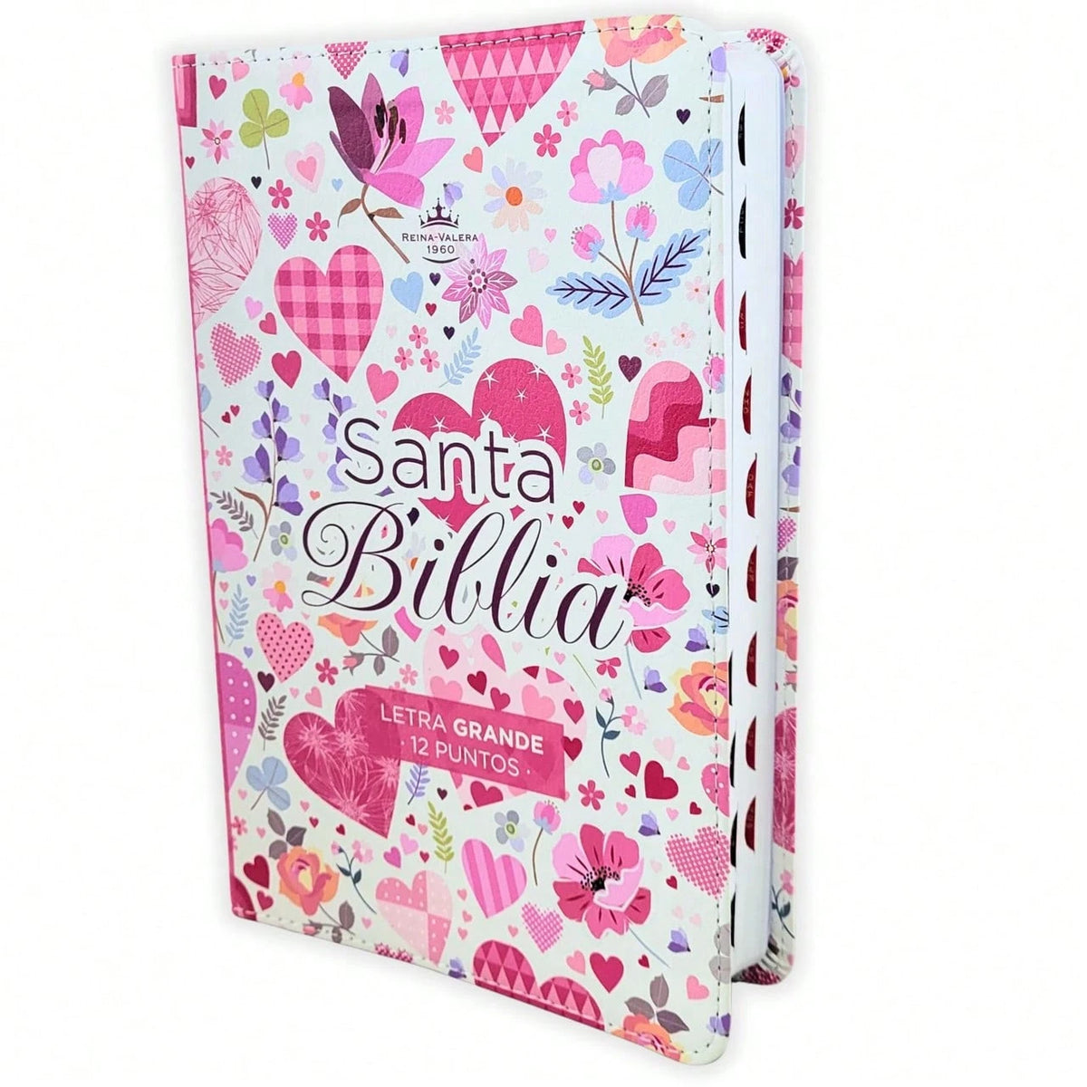Biblia Para Mujer Letra Grande 12 Puntos RV1960, Imit Piel Flores Y Corazones Con Indice
