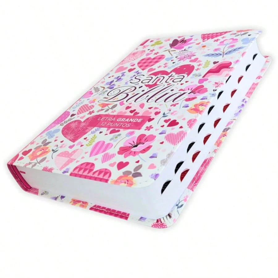 Biblia Para Mujer Letra Grande 12 Puntos RV1960, Imit Piel Flores Y Corazones Con Indice