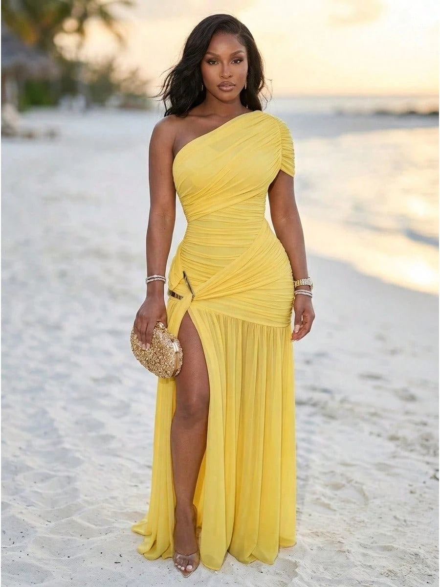 Black One Shoulder Mesh Maxi Dress Ruched Waist Gold Metal Buckle High Side Slit Flowy Skirt Beach Wedding Guest Evening Gown