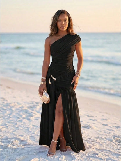 Black One Shoulder Mesh Maxi Dress Ruched Waist Gold Metal Buckle High Side Slit Flowy Skirt Beach Wedding Guest Evening Gown