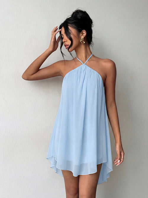 Blue Casual Sexy Fashion Halter Neck Backless Chiffon Dress, Asymmetrical Hem Party