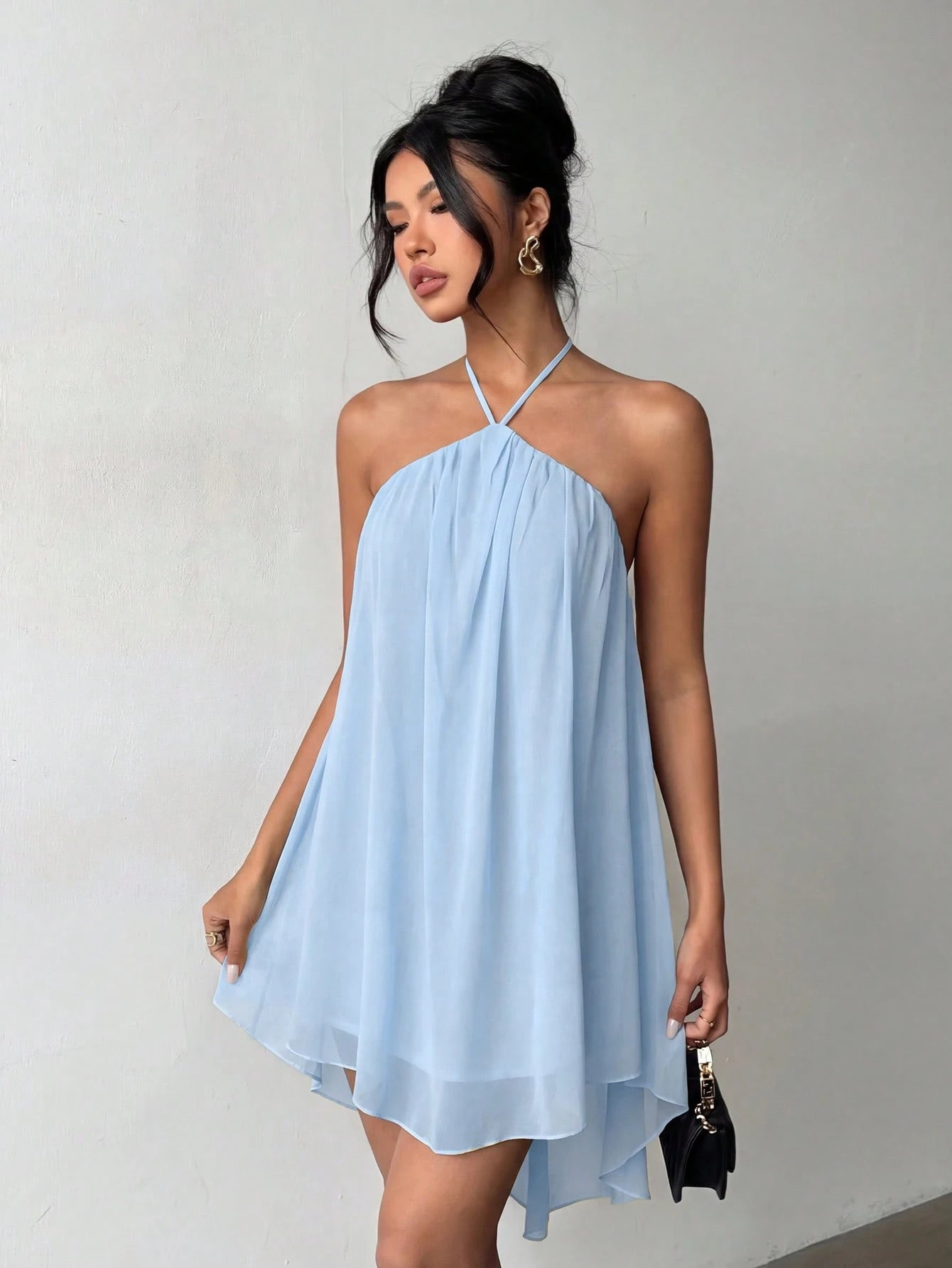 Blue Casual Sexy Fashion Halter Neck Backless Chiffon Dress, Asymmetrical Hem Party