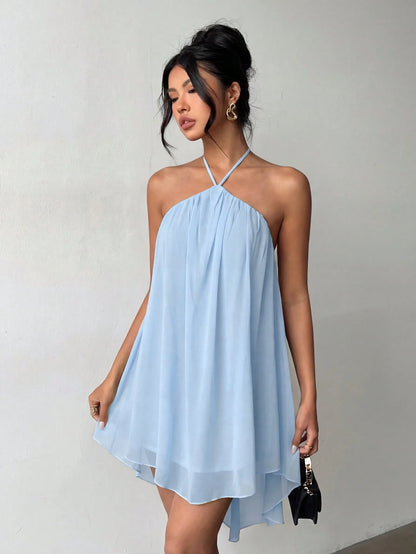 Blue Casual Sexy Fashion Halter Neck Backless Chiffon Dress, Asymmetrical Hem Party