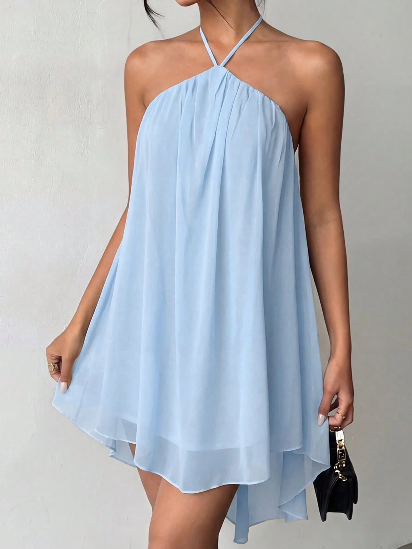 Blue Casual Sexy Fashion Halter Neck Backless Chiffon Dress, Asymmetrical Hem Party