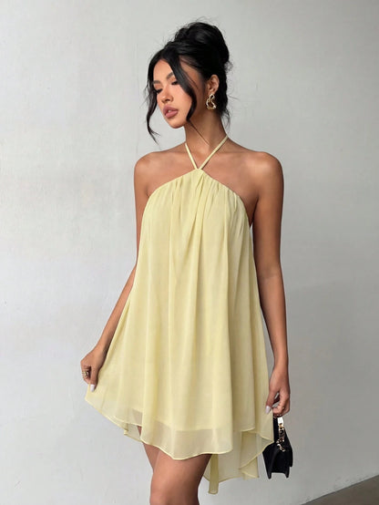 Blue Casual Sexy Fashion Halter Neck Backless Chiffon Dress, Asymmetrical Hem Party