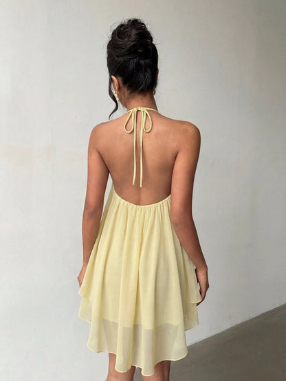 Blue Casual Sexy Fashion Halter Neck Backless Chiffon Dress, Asymmetrical Hem Party
