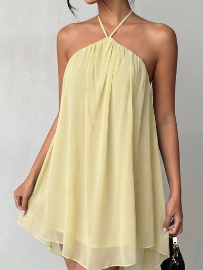 Blue Casual Sexy Fashion Halter Neck Backless Chiffon Dress, Asymmetrical Hem Party
