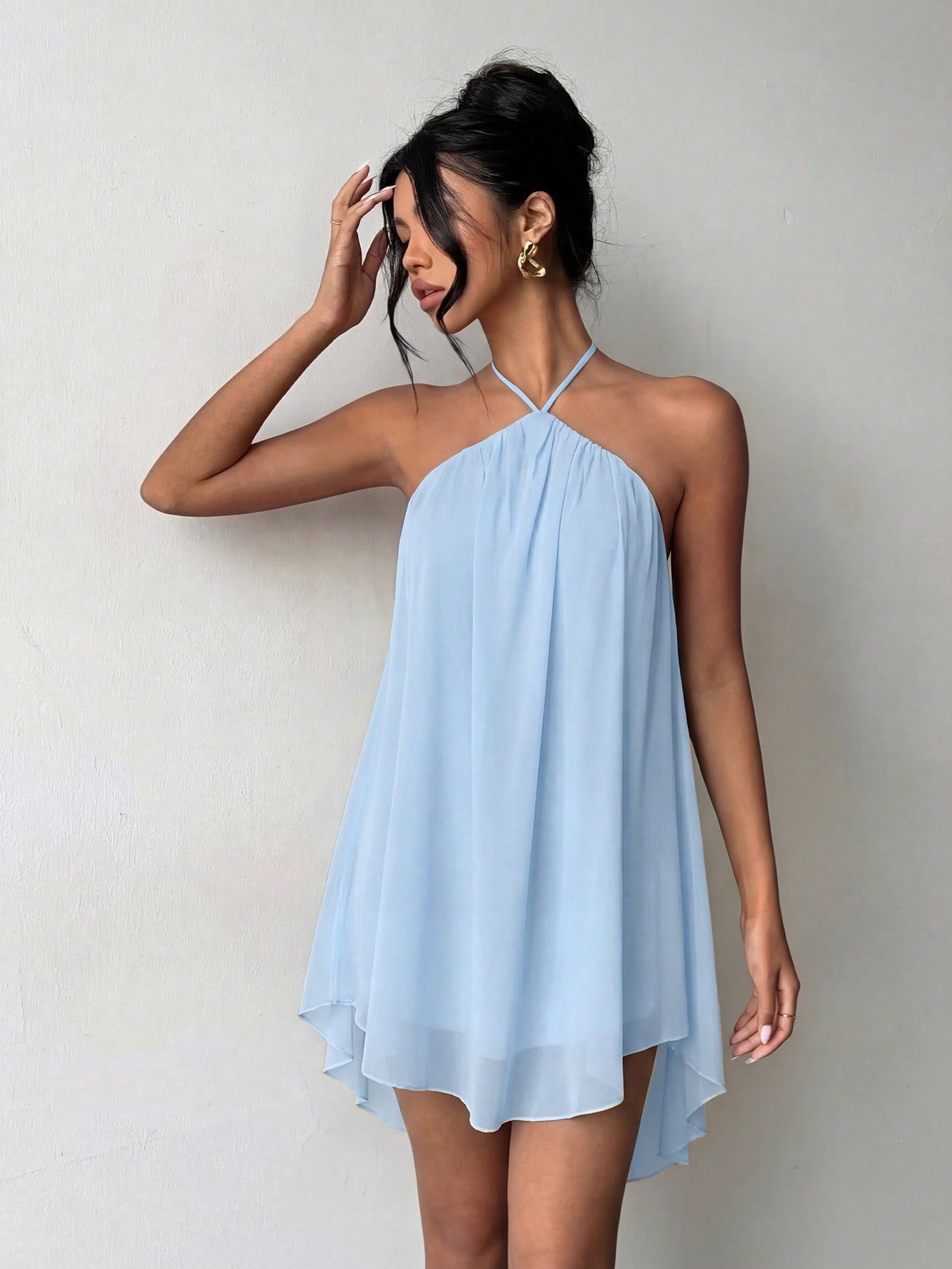 Blue Casual Sexy Fashion Halter Neck Backless Chiffon Dress, Asymmetrical Hem Party
