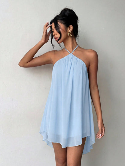 Blue Casual Sexy Fashion Halter Neck Backless Chiffon Dress, Asymmetrical Hem Party